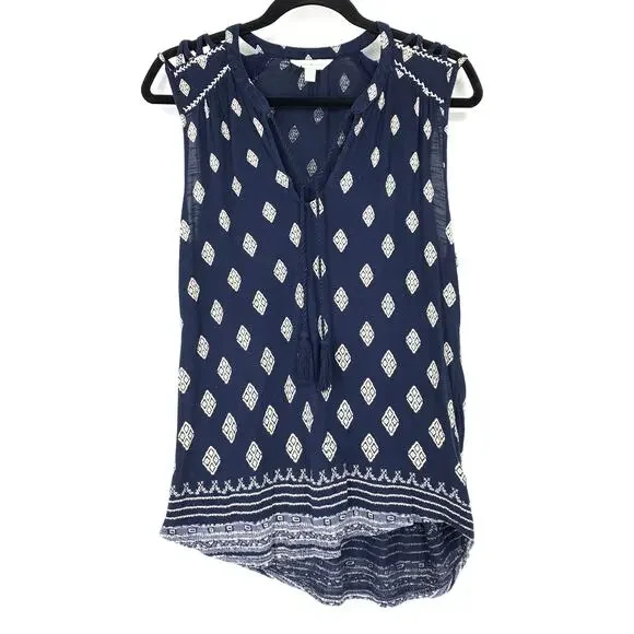 Lucky Brand Top Women's Size L Diamond Print Blouse Sleeveless Blue/White - Picture 1 of 6